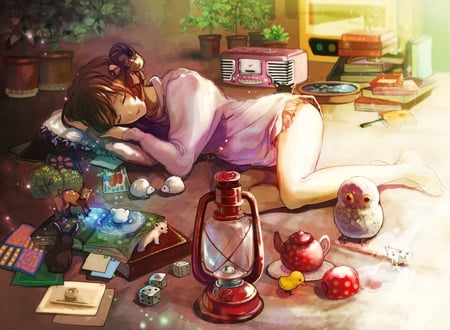 Sleeping... - sleep, girl, lamp, cute, book