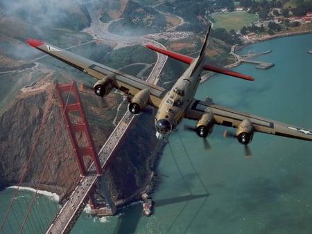 B17 over Golden Gate Bridge - gg bridge, highway, b17, clouds