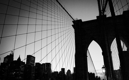 Brooklyn Bridge - black and white, city, wires, bridge