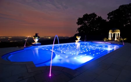 pool - swim, overlook, night, lighted rails, luxury, evening, blue, pool, lights