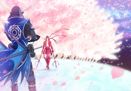 A honorable battle - spears, cherry blossem, blue, red, swords, sengoku basara