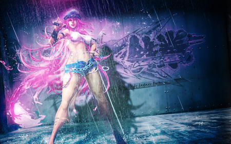 Poison - hottie, hot, hair, jeans, video game, legs, pretty, poison, cool, game, anime, street fighter, style, sexy, girl, rain, pink hair, fighter, street fighter vs tekken, stunning, pink, adventure, action, tekken, pose, babe, breast