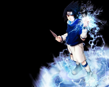 Sasuke's Chidori - anime, sasuke, headband, sasuke uchiha, weapons, red eyes, uchiha sasuke, black background, naruto, kunai, shorts, lightning