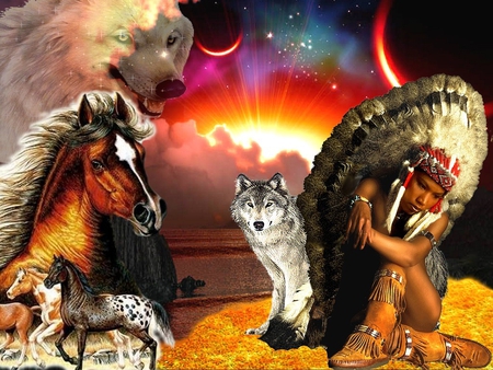 INDIAN - wolf, nature, horses, indian, mountains, 2012