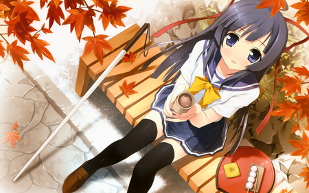 Breakfast - sitting, drink, girl, leaf, eat, breakfast, anime, sword, cute, wait