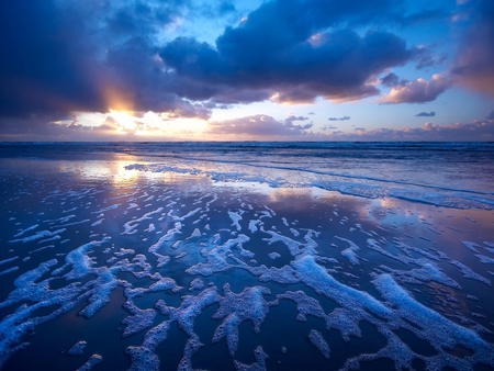 blue sea - landscape, blue, clouds, sunset, sea