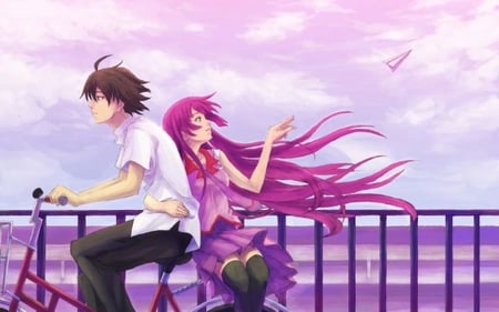 Take me away - anime, pic, take, dress, long, boy, bike, purple, riding, away, sky, clouds, image, girl, hair, fantasy, wind, white, picture, bicycle, wall, wallpaper