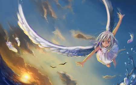 I'm free - anime, white, sunset, wings, dress, girl