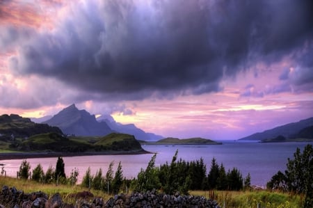 Colorful landscape - clouds, trees, splendor, landscape, colors, forest, colorful, nature, lake, mountains, sky