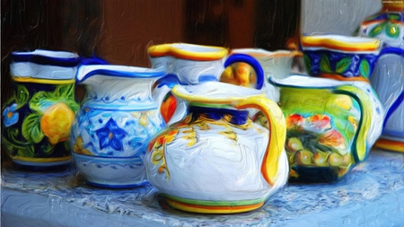 Pottery. - table, six, pottery, colourful