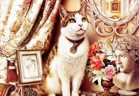 Formal Kitty Kat - white and tiger, cats, art, cat, animals, formal drawing room