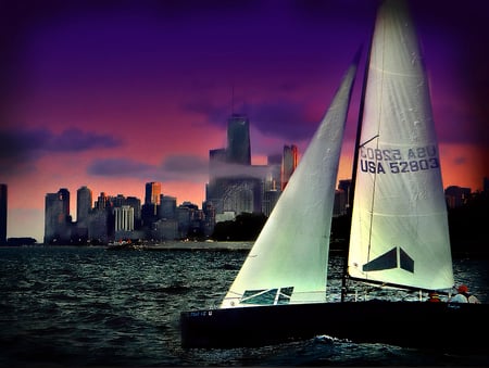 Sailing Lake Michigan Chicago Cityscape - lake michigan, sunset, nature, sailboat, boat, chicago, sky