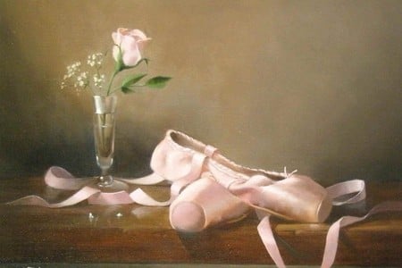 Ballerina's Still Life - painting, pink ribbin, abstract, pink, ballet shoes, pink rose, still life