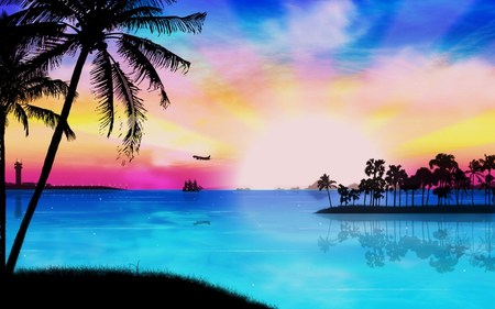 Getaway Trip To Tropical Paradise - silhouette, sky, sunshine, beach, paradise, sun, water, colorful, plane, sunset, yellow, reflection, cool, orange, boat, lighthouse, palm trees, summer, sail boat, palm, abstract, red, blue, pink, island