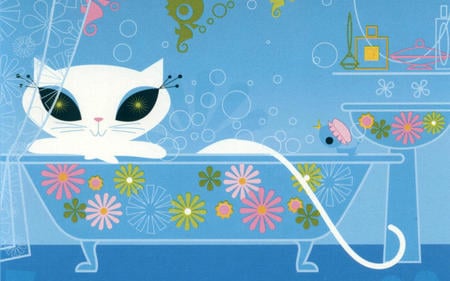 french kitty - flowers, drawing, retro, blue, bath, pink, cat, kitty