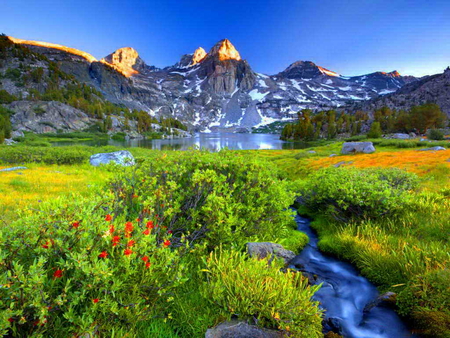 Mountainscape - hill, sky, peaceful, summer, peak, sreek, blue, beautiful, river, moiuntain, green, flowers, grass