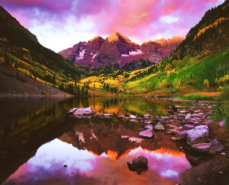 Silent reflection - sky, slope, peaceful, water, colorful, mirrored, rocks, creek, calm, purple, reflection, clouds, mountain, hills, silent, peaks, nature, beautiful, pink, stones