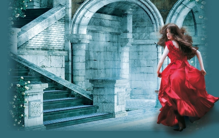 Being Chased - elegant, female, classy, scenery, glamorous, blue, serene, red, flowing, art, castle, running, beautiful, red gown, photography, girl, figure, red dress, lovely, fantasy, woman