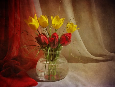 Lovely tulips - veil, vase, delicate, yellow, beautiful, beauty, still life, bouquet, flowers, curtain, tulips, red, soft, softness