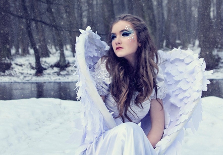 Snow Angel - beauty, woman, girl, angel, winter, wings, snowflakes, lovely, makeup, face, white, pretty, snow, beautiful, sweet, cute