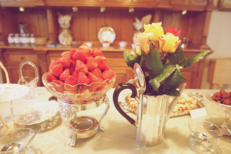 strawberries and roses - interior image, still life, strawberries, roses