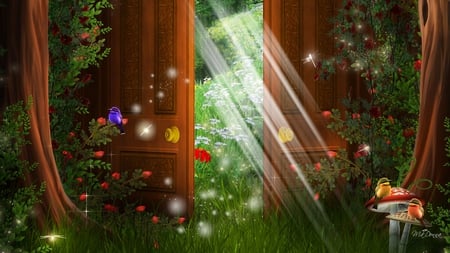 Door to Spring - trees, birds, sunshine, grass, light, flowers, toadstools, doors, door, fantasy, enchanting, dragonflies, mushrooms, sun