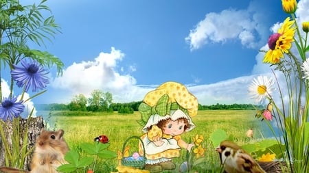 Easter Egg Hunt - sky, squirrel, chipmonk, easter, field, lady bug, bird, eggs, precious, rodent, cloud, sweet, flowers, little girl