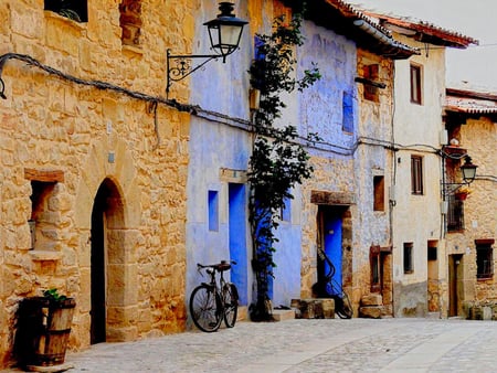 Valderrobres - bike, street, nature, lamp, houses, life