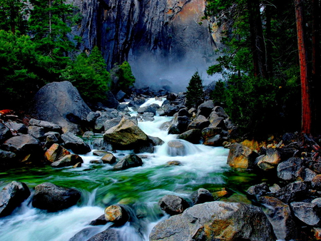 Forest water stream - water, summer, foam, beautiful, water stream, forest, stones, fall, nature, waterfall, green, emerald, rocks