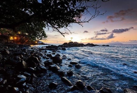 Ocean Side Retreat - house, trees, beautiful, lights, sea, ocean, rocks