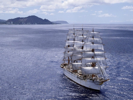 Beautiful Cruise - sail, ocean, saiboat, mast, antique, wood, white, ship, blue, classic, sea, boat