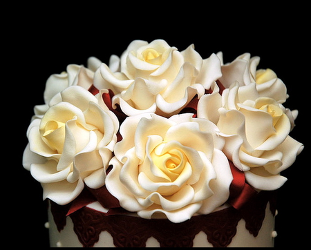 Whipped cream - white, cake, beauty, cream, roses, flowers, black