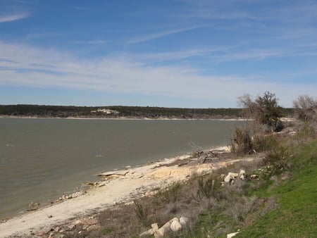 Lake - clouds, trees, water, dirt, rocks, sky