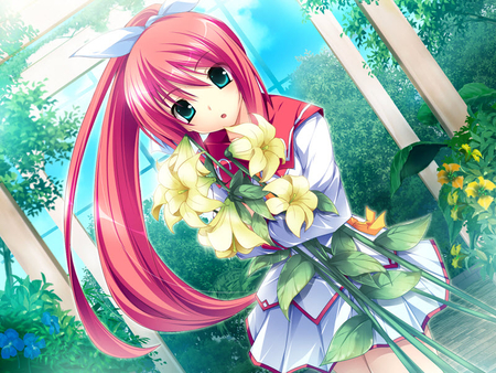 Nagishiro Miyako - flowers, anime school girl, anime girl, yellow, hana to otome ni shukufuku o, nagishiro miyako, pink