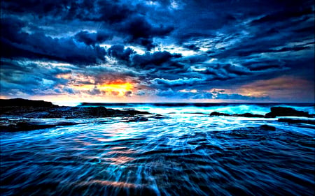 Simply Beautiful - beauty, sky, ocean waves, peaceful, sunset, blue sky, view, clouds, ocean, blue sea, lovely, waves, nature, beautiful, blue, splendor, sea, sunrise