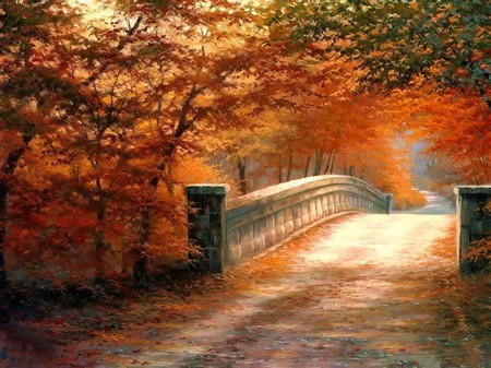 Bridge to autumn - season, autumn, landscape, air, way, colorful, nature, forest, beautiful, leaves, orange, splendor, beautiful place, colors, bridge