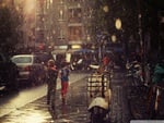 children running in the rain