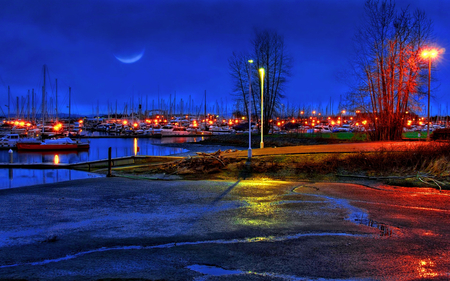 the bay - moon, sky, view, boats, evening, red, sunset, sea