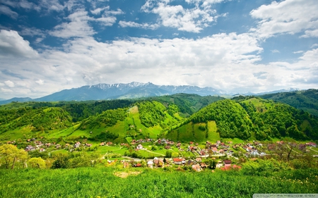 mountain village - village, mountain, green, sky