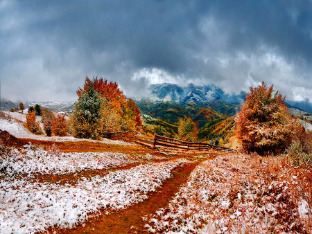 First snow - clouds, trees, winter, beautiful, snow, slope, mountain, nature, autumn, first, peaceful, sky