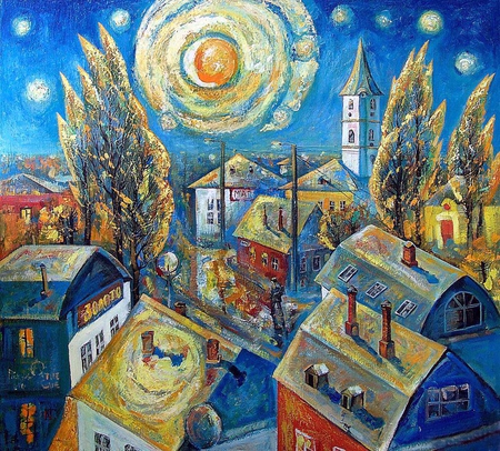 Xenia Gregory. city - village, xenia gregory, painting, sun, art