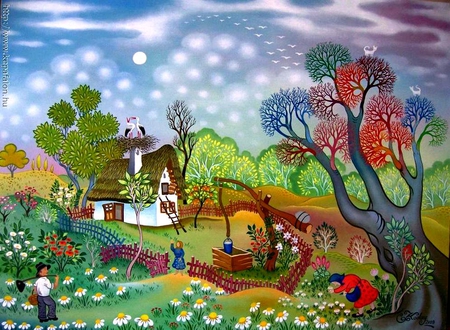 Koday Laszlo. The village Romashkovo - nature, painting, sky, art, tree, koday laszlo