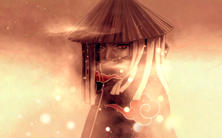 Uchiha Itachi - hat, cloak, anime, disguise, akatsuki, fog, hot, guy, uchiha itachi, shinobi, ninja, naruto shippuden, naruto, cloud