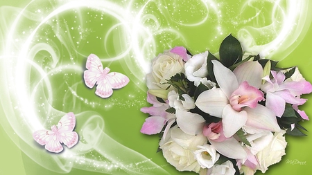 Orchids and Silk - orchids, stars, silk, delicate, summer, flowers, rose, butterflies