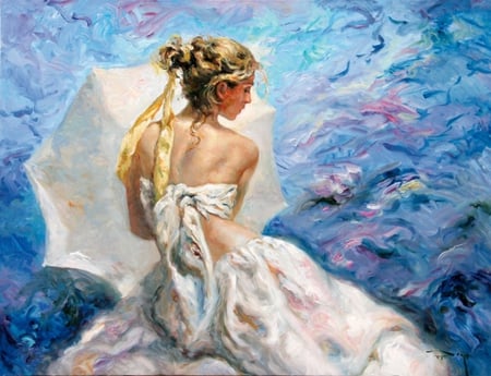 Azul y Blanco - woman, girl, blanco, royo, azul, white, painting, art, blue, umbrella