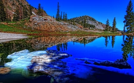 Water Sky - colorful, widescreen, white, reflections, lakes, amazing, cool, cold, reflected, frozen, grass, mounts, maroon, nature, beautiful, mirror, stones, pines, beauty, nice, sky, trees, water, mountains, high dynamic range, black, brown, clouds, green, hdr, icy, morning, ice, day, shadows, blue, awesome, colors, gray