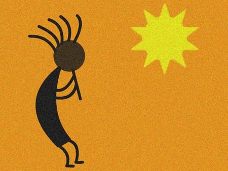 Kokopelli 2 - flute, native american, yellow, man, sun, music, orange, black