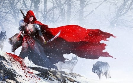 Women Warrior - wolves, abstract, lady, red, blood