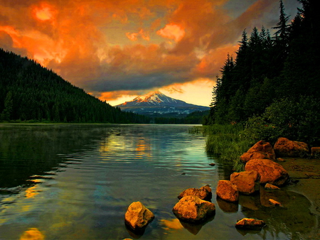 Mountain un the distance - clouds, water, reflection, stones, dark, river, nature, green, distance, lake, dusk, emerald, sky