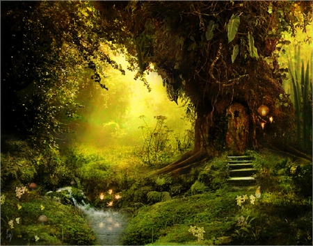 Cottingley - nice, fantasy, brook, shade, home, away, forest, woods, steps, hide, house, tree, cute